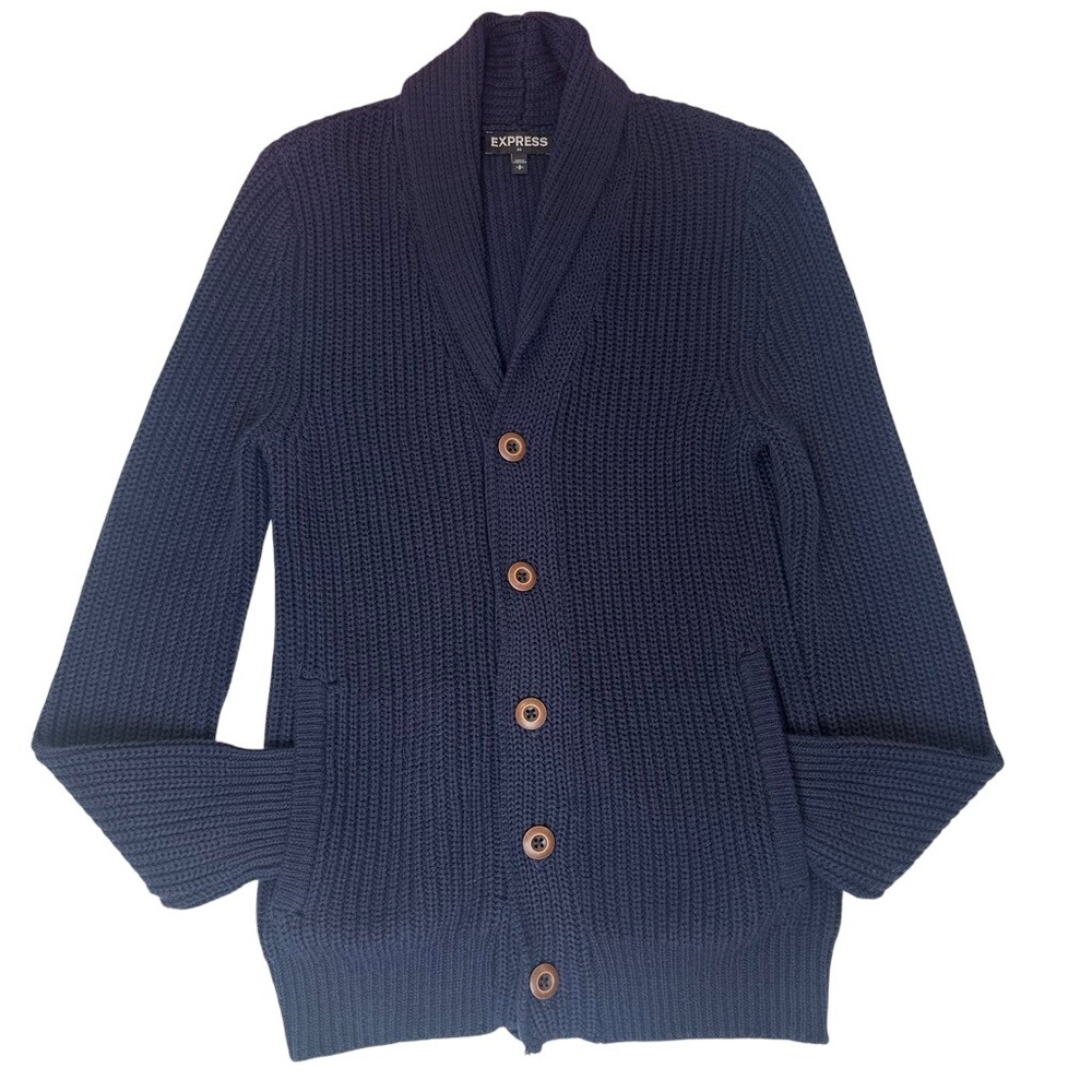 Express Fisherman Shawl Collar Cardigan Sweater Navy Blue Ribbed Knit MEDIUM - Picture 7 of 9